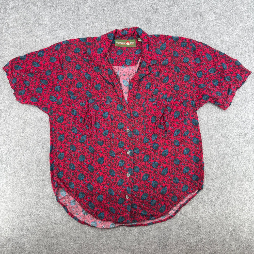 Vintage Red Floral Paisley Rayon Button Down Outback Red Top Womens Medium